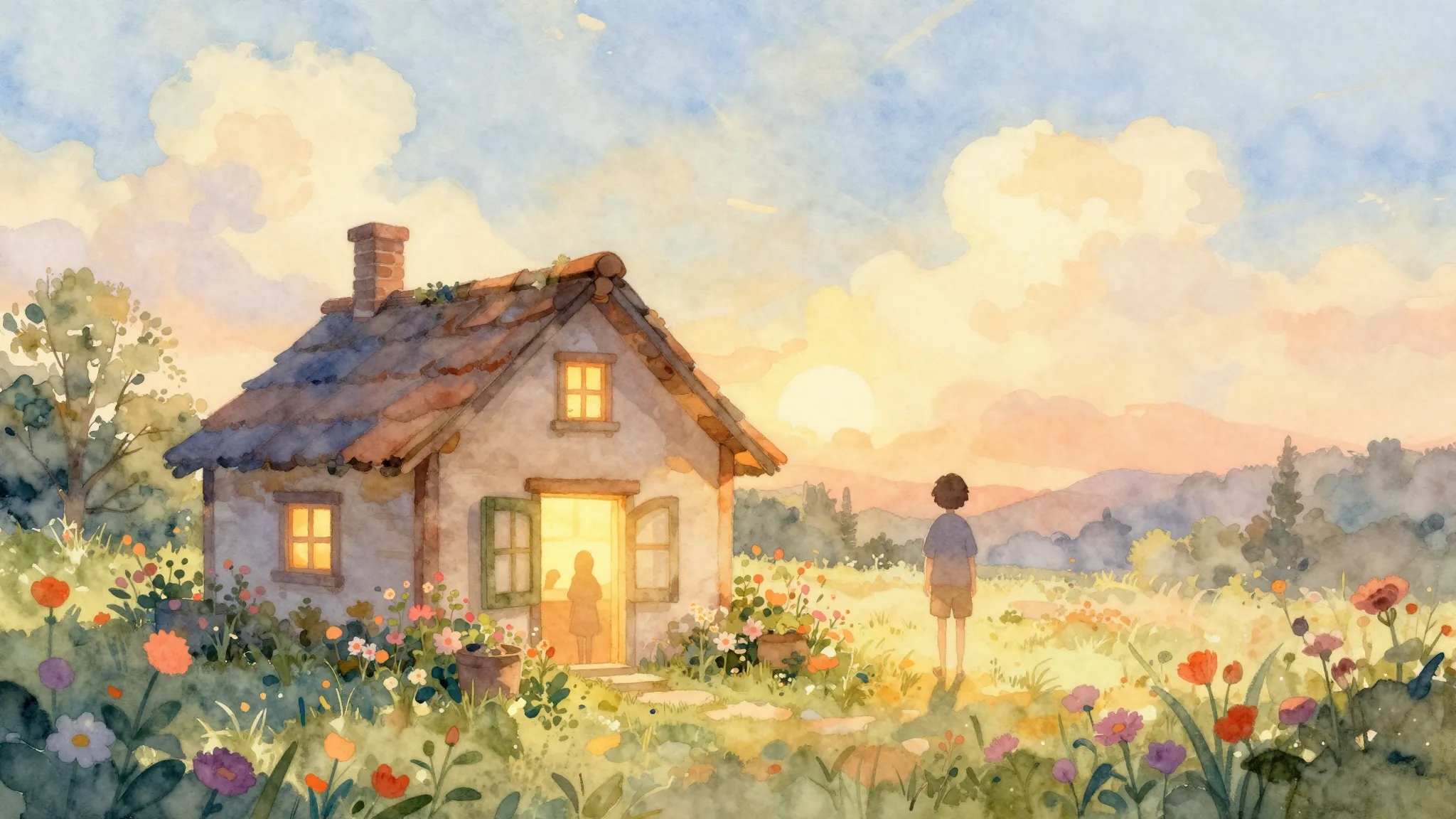 Vibrant watercolor style. A serene, warm, and inviting album...