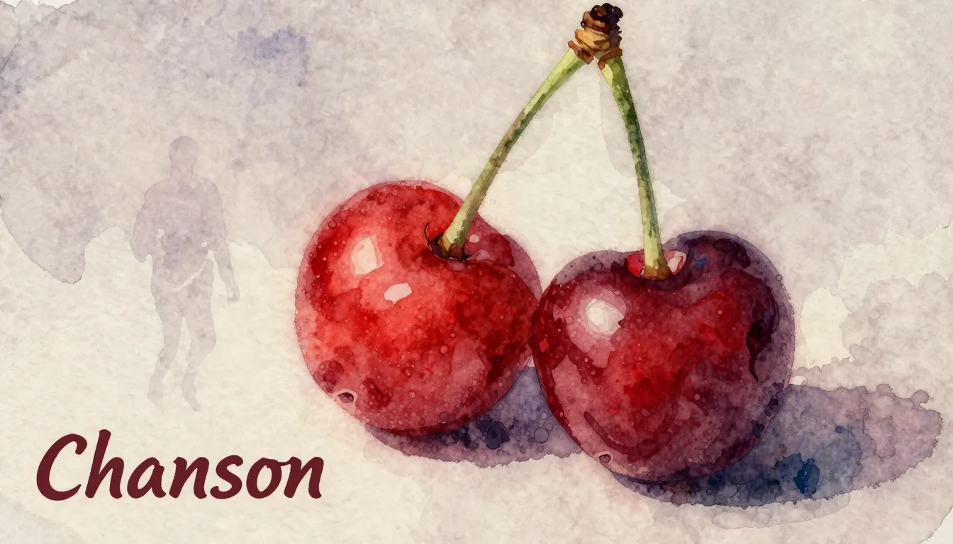 Vibrant watercolor style. Chanson album cover: unripe cherry...
