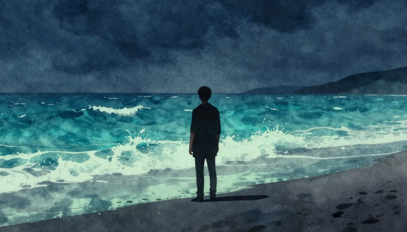 Watercolor style. A dark silhouette of a lonely figure stand...