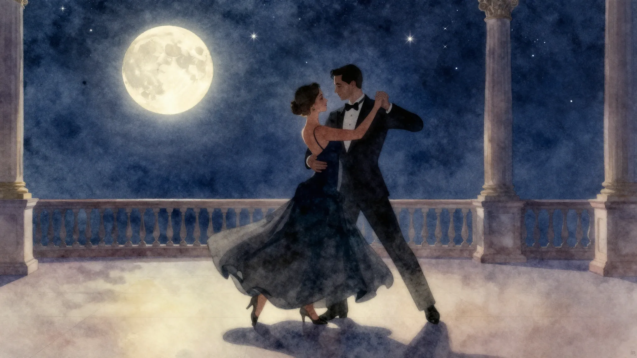 Watercolor style. Silhouette of a couple dancing under a sta...