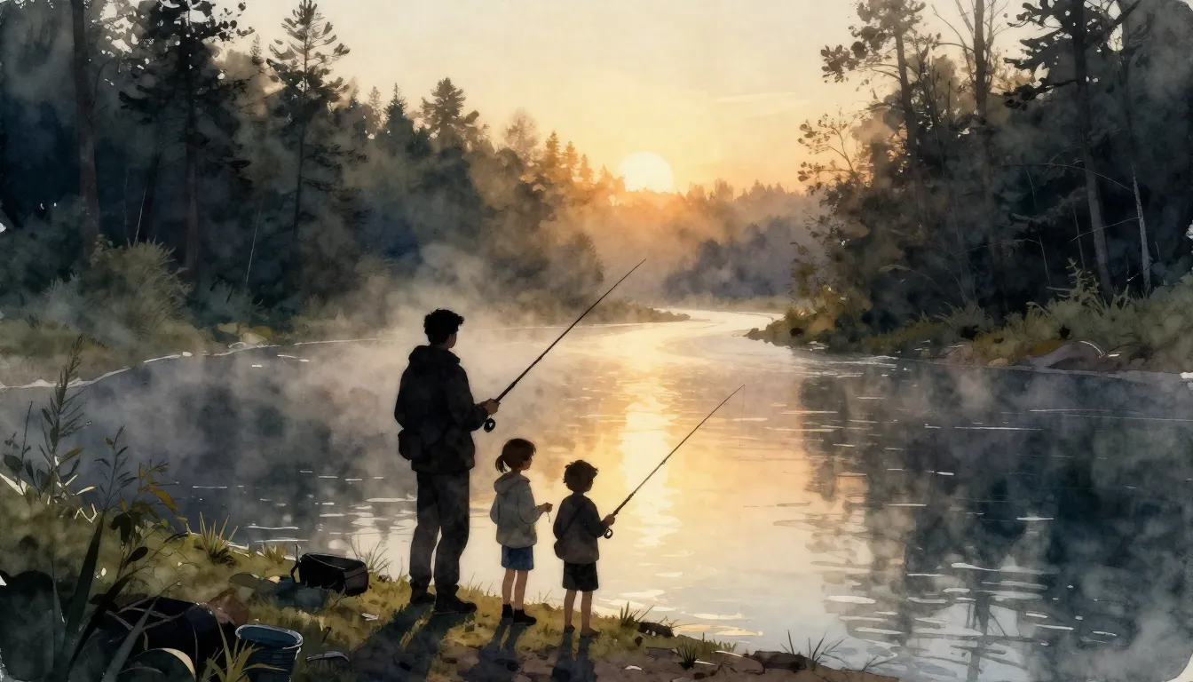 Watercolor style. Silhouette of an adult and a child fishing...