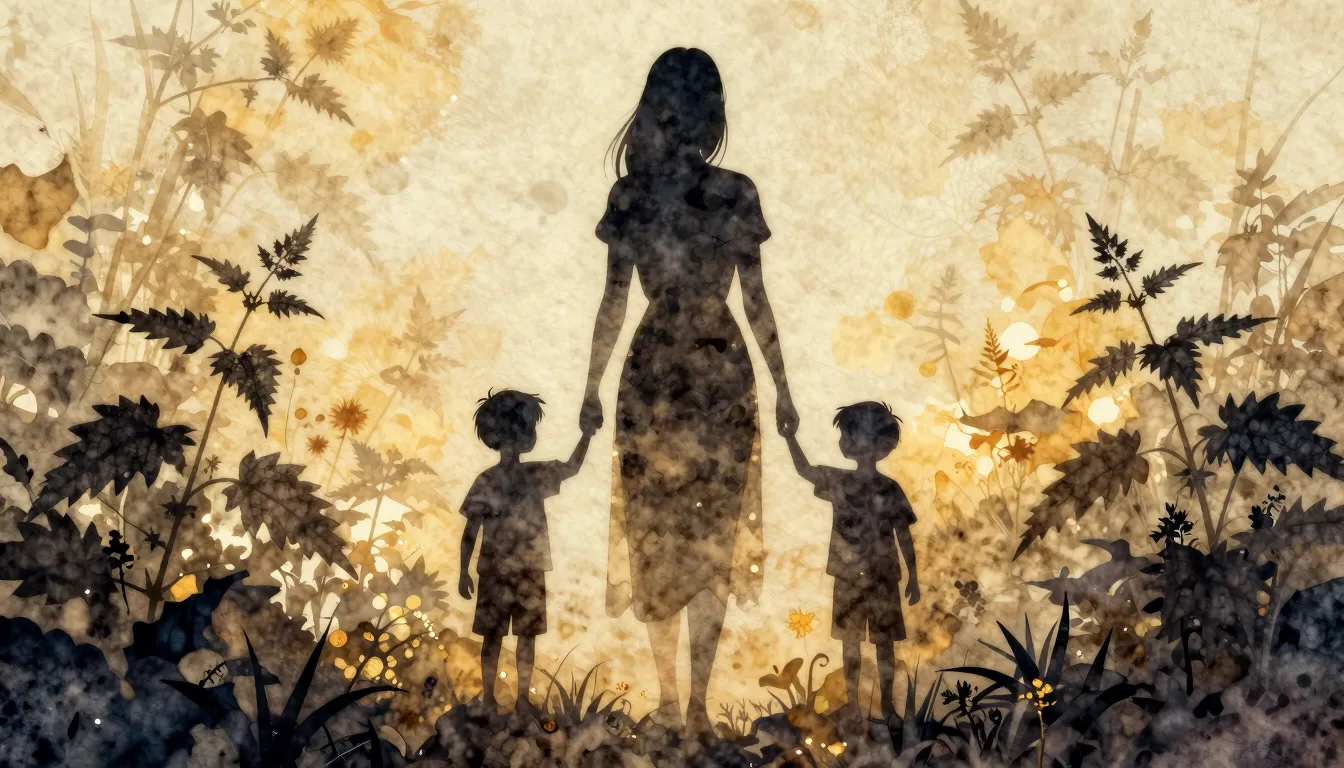 Watercolor style. A silhouette of a tall woman standing prot...