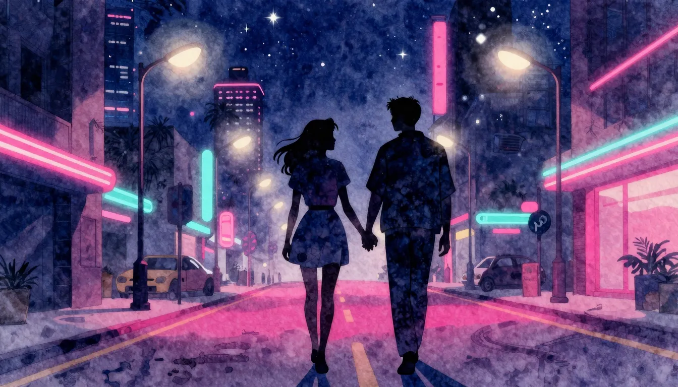 Watercolor style. 80s retro wave style, neon city street at ...