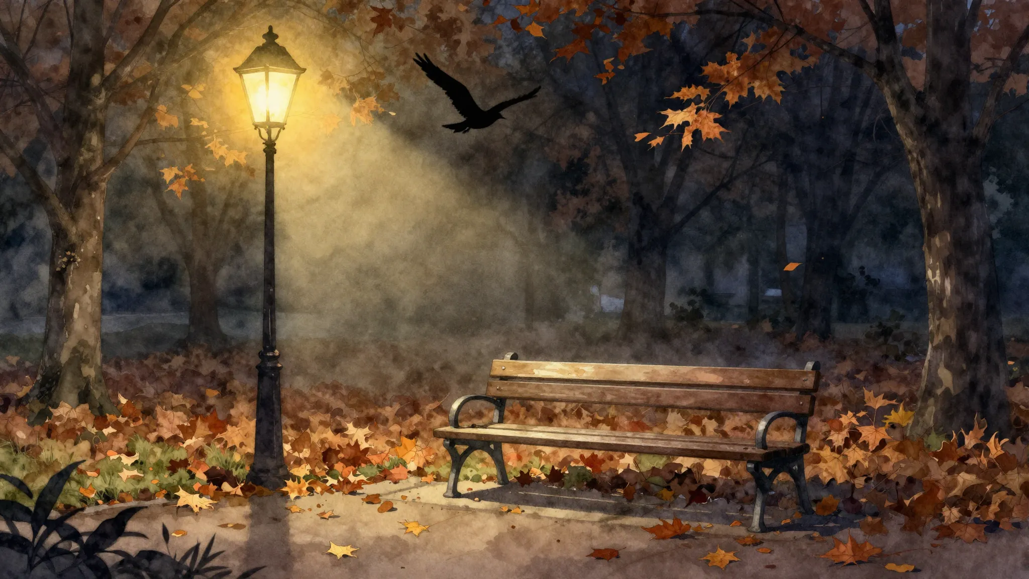 Watercolor style. A warm glowing street lamp illuminating an...