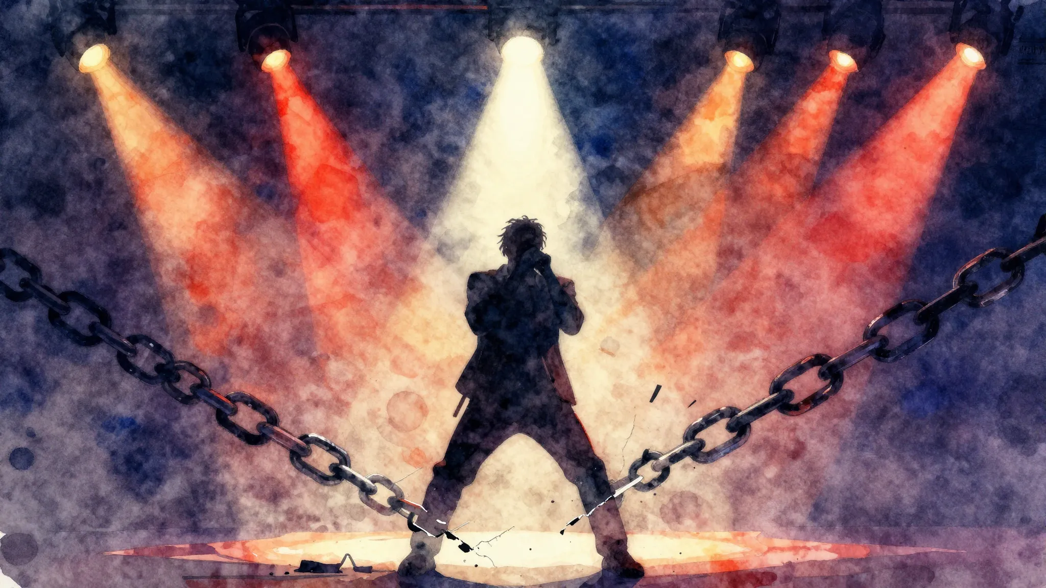 Vibrant watercolor style. Rock ballad album cover, dramatic,...