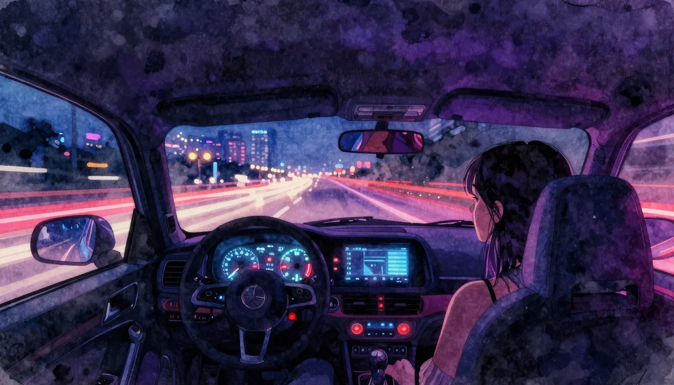 Vibrant watercolor style. Neon-lit night highway, POV from i...