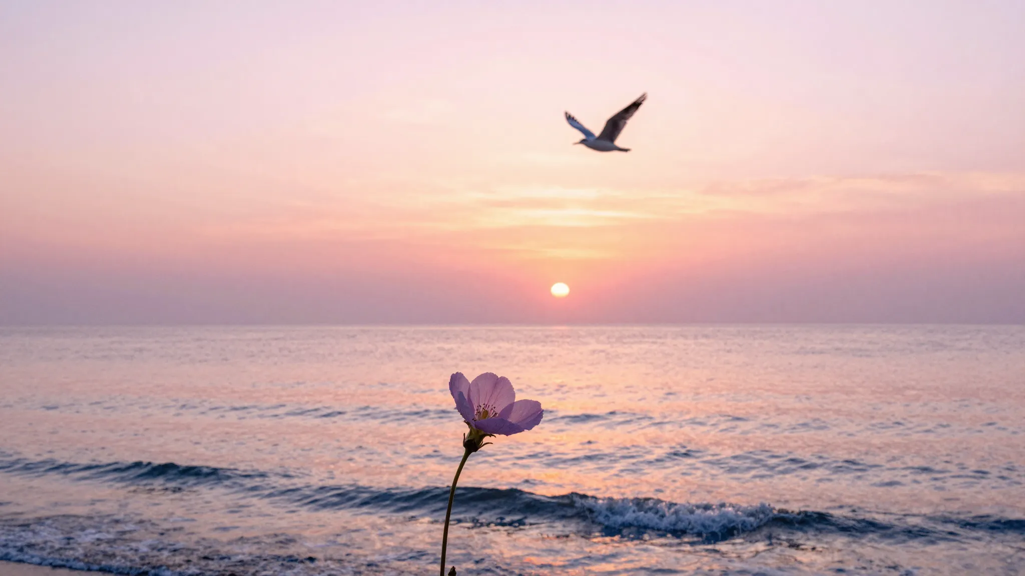 Watercolor style. A beautiful sunrise over a calm ocean, sof...