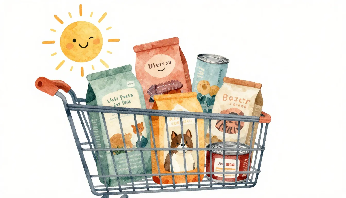 Watercolor style. A shopping cart filled with various pet fo...