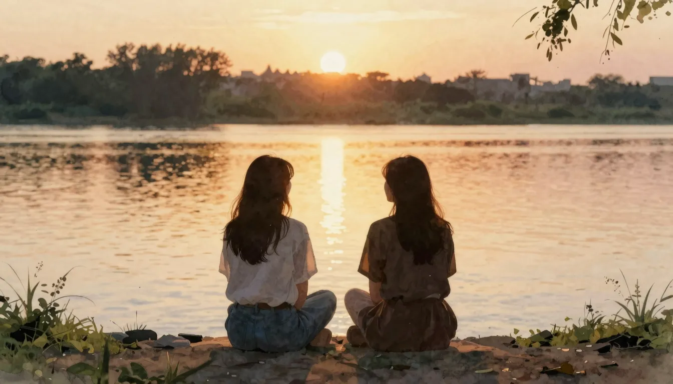 Watercolor style. Two female silhouettes are sitting on a ri...