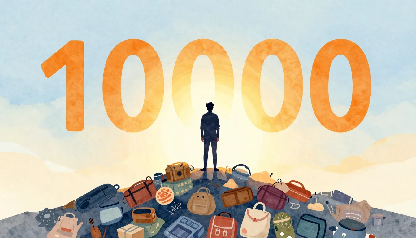 Watercolor style. A silhouette of a person standing on a mou...