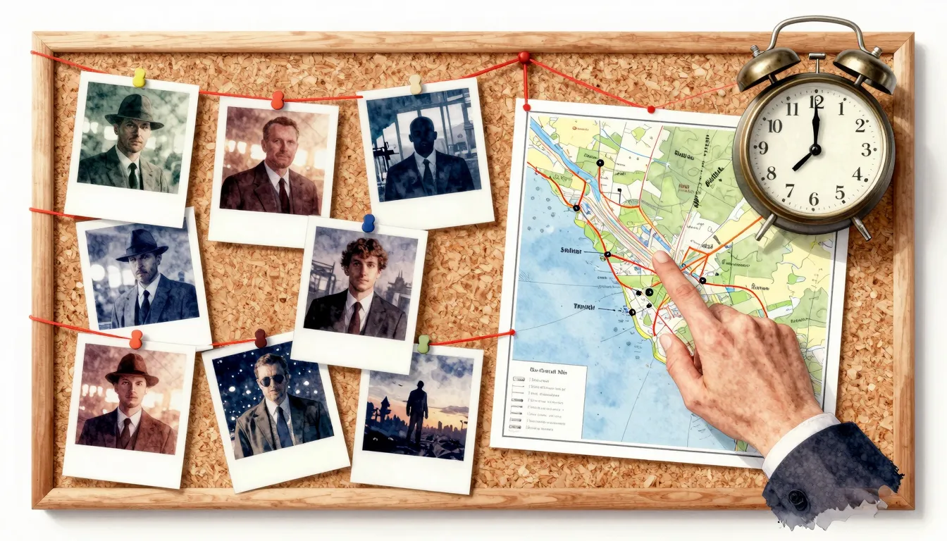 Watercolor style. A corkboard with various photos connected ...