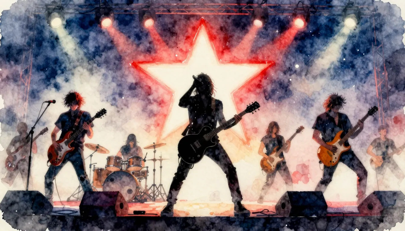 Watercolor style. A powerful silhouette of a rock band perfo...
