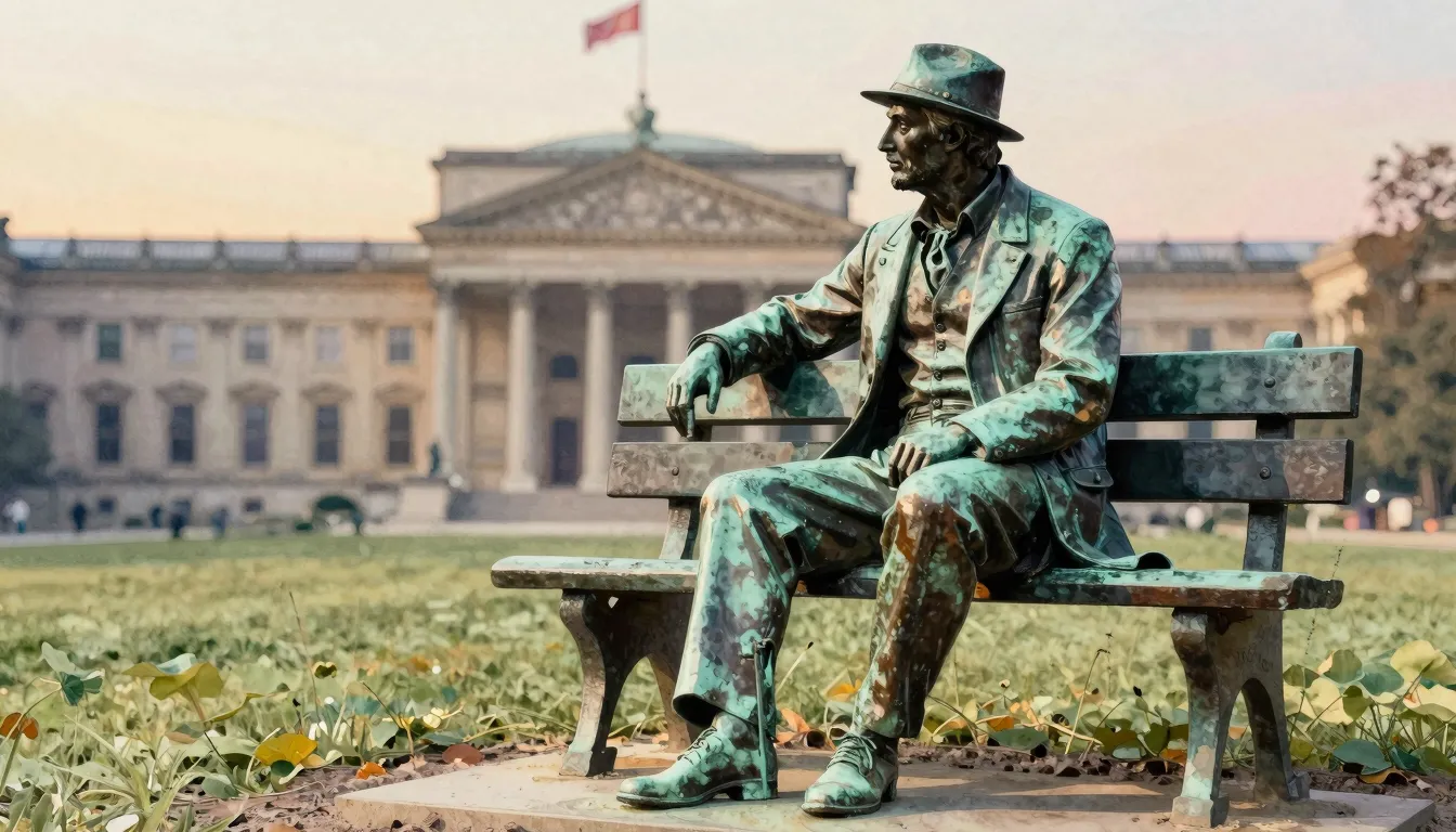 Watercolor style. A bronze statue of a seated man with a hat...