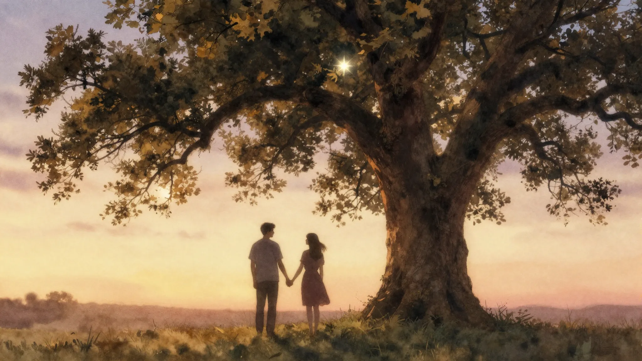 Watercolor style. A silhouette of a young couple holding han...