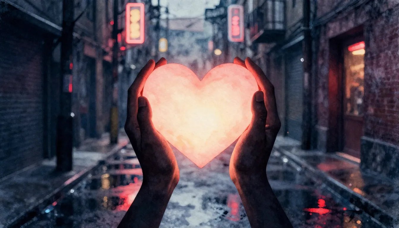 Watercolor style. A silhouette of two hands holding a glowin...