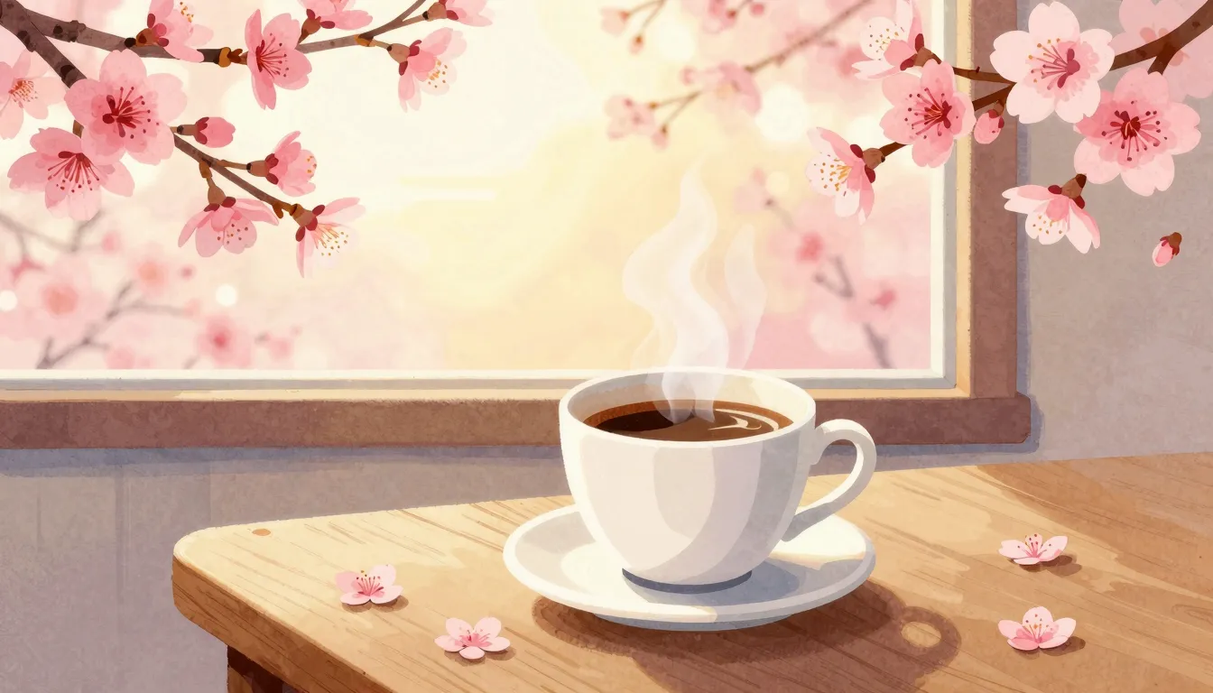 Watercolor style. A cozy morning scene with a steaming cup o...