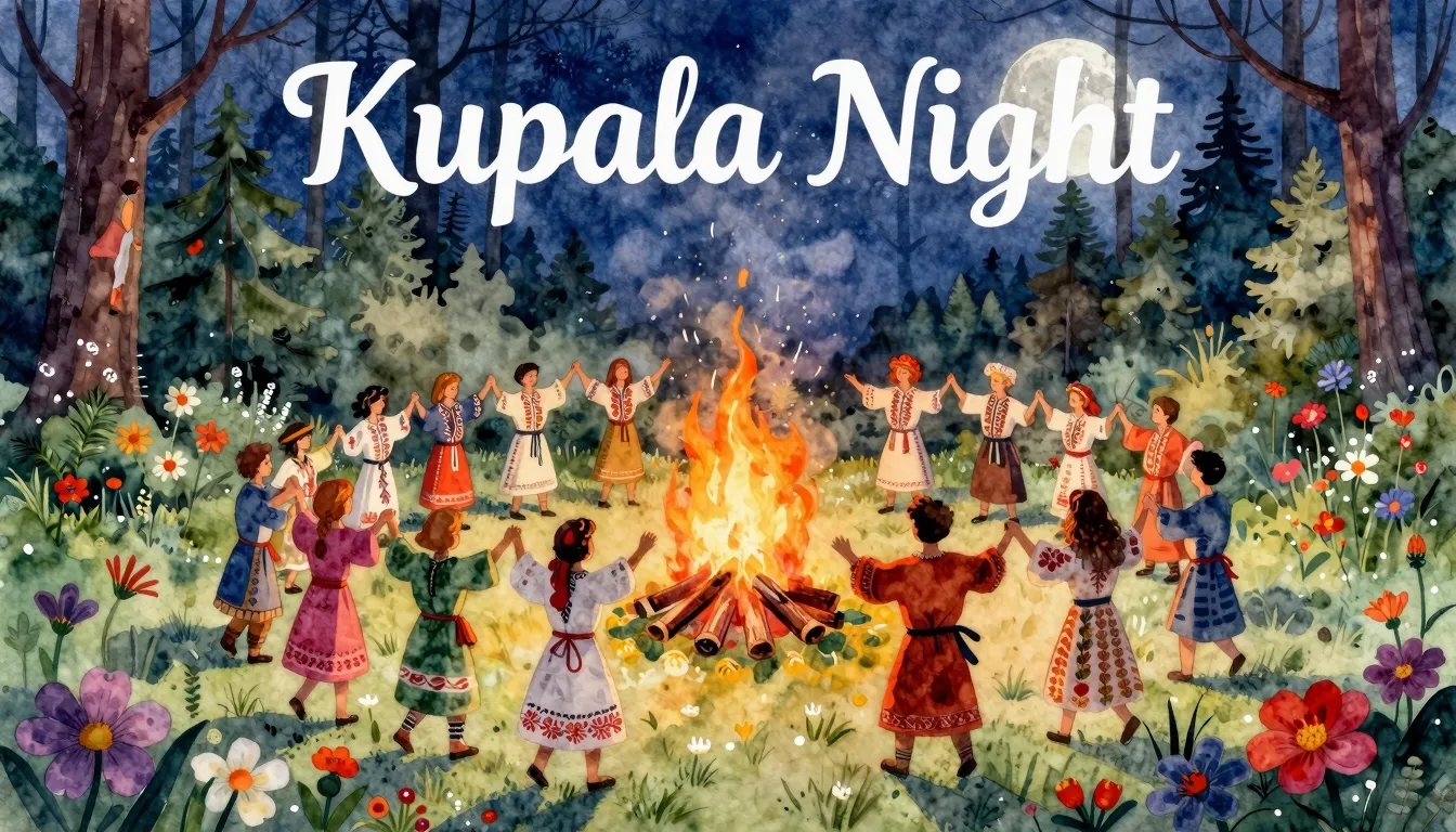 Vibrant watercolor style. Folk album cover, Kupala Night, su...