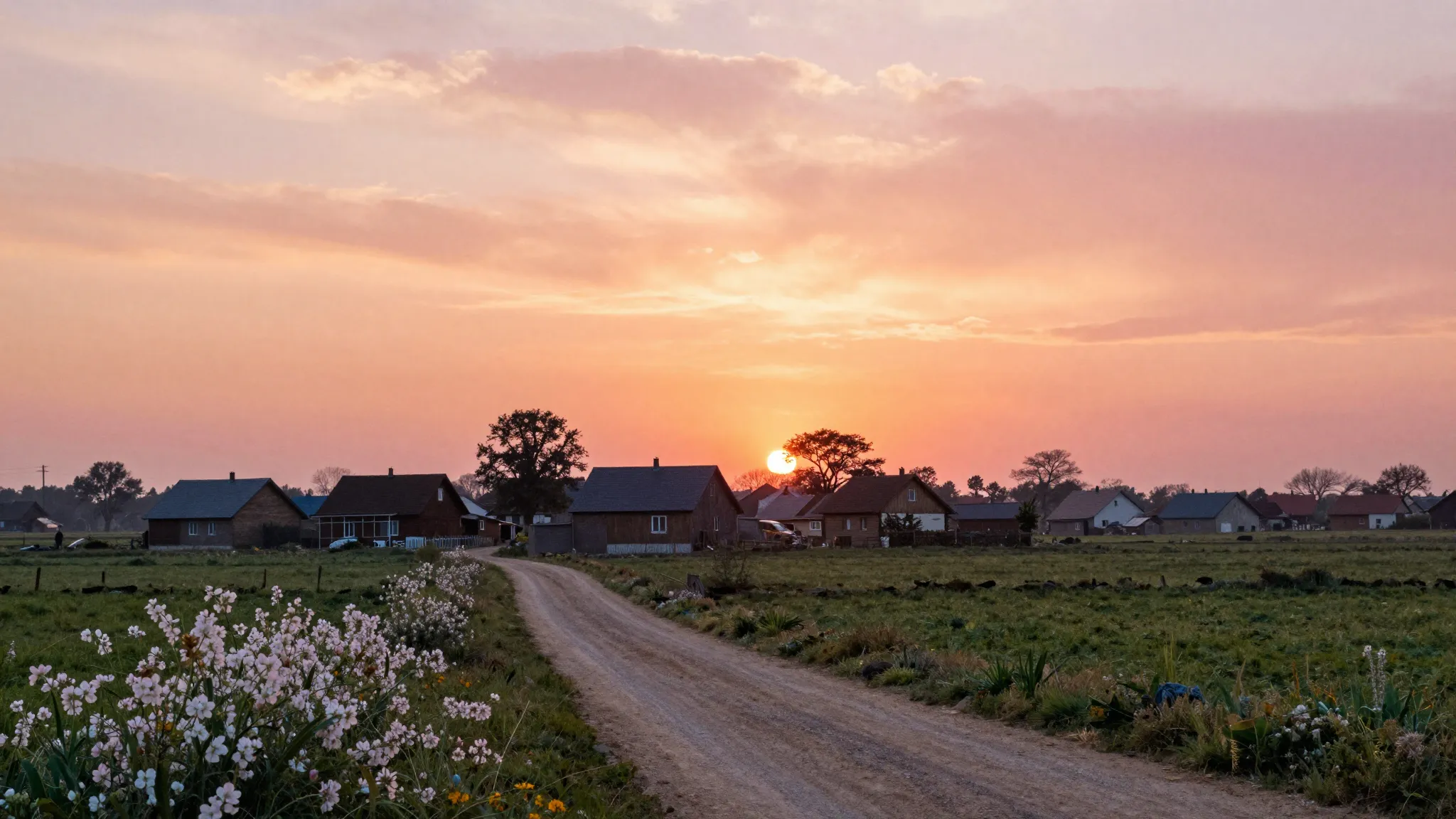Watercolor style. Peaceful rural scene at sunset, silhouette...