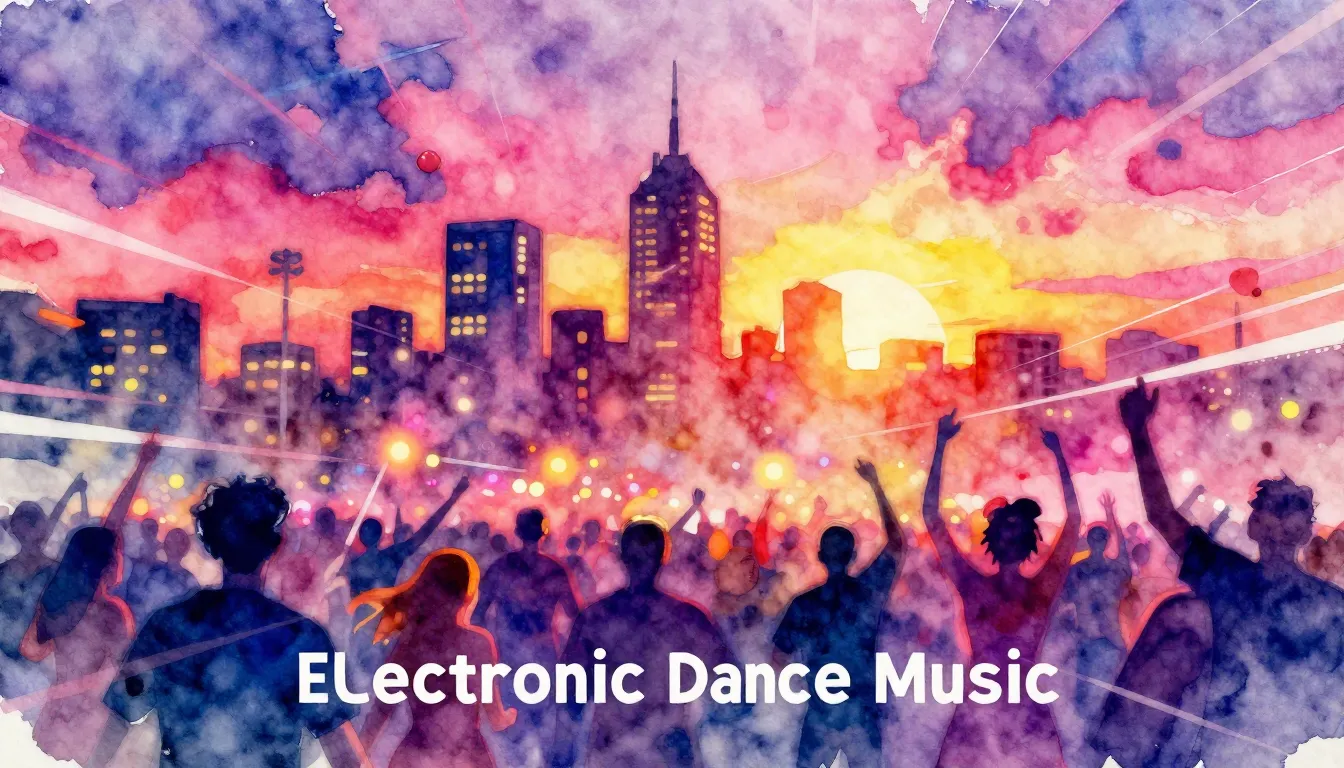 Vibrant watercolor style. Genre: **Electronic Dance Music (E...