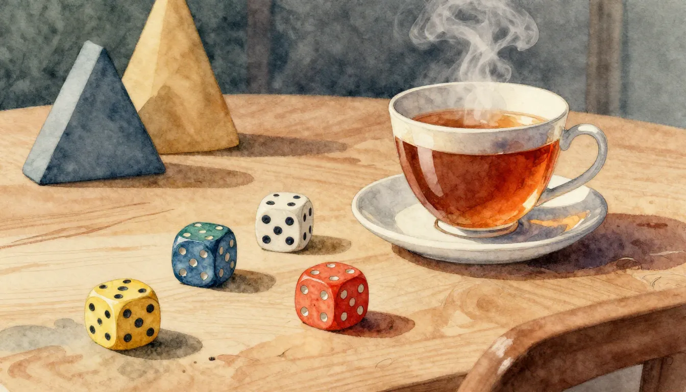 Watercolor style. A cozy wooden table with colorful dice, a ...