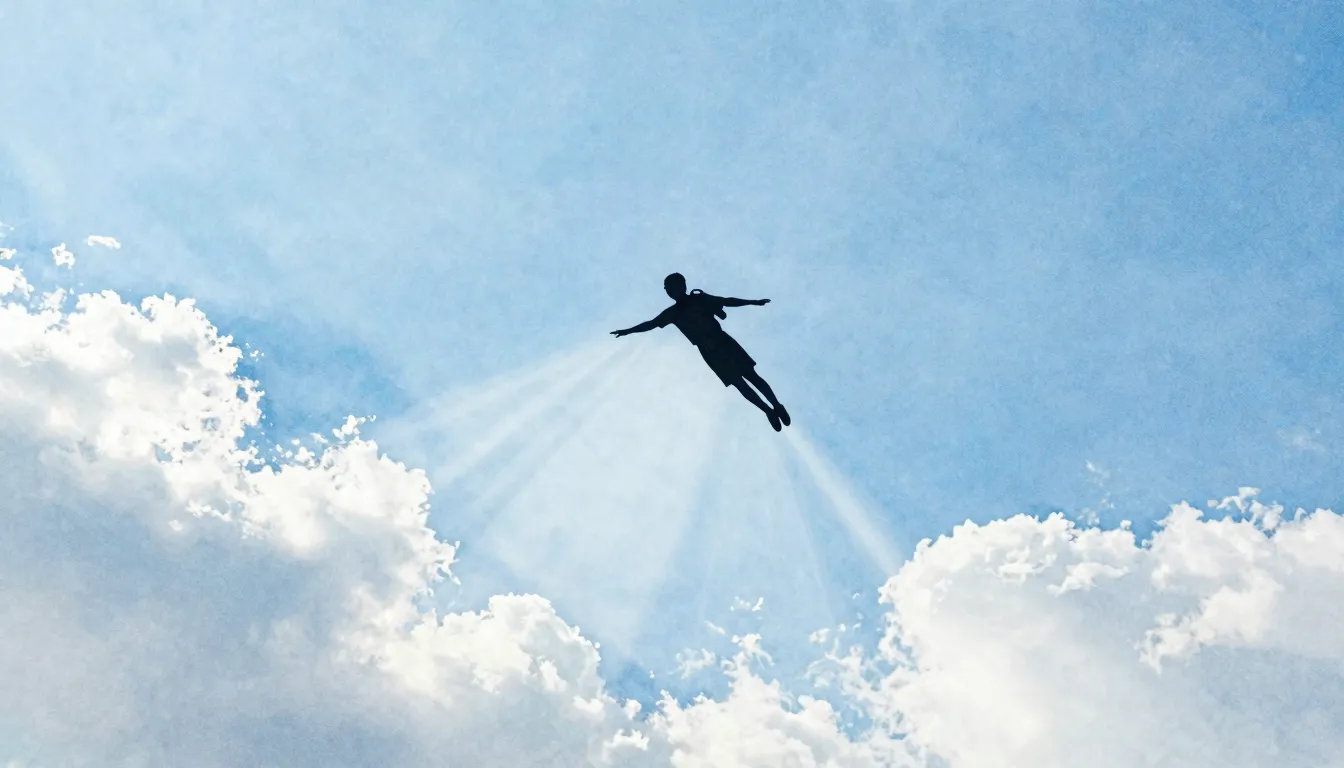 Watercolor style. A silhouette of a person soaring through a...