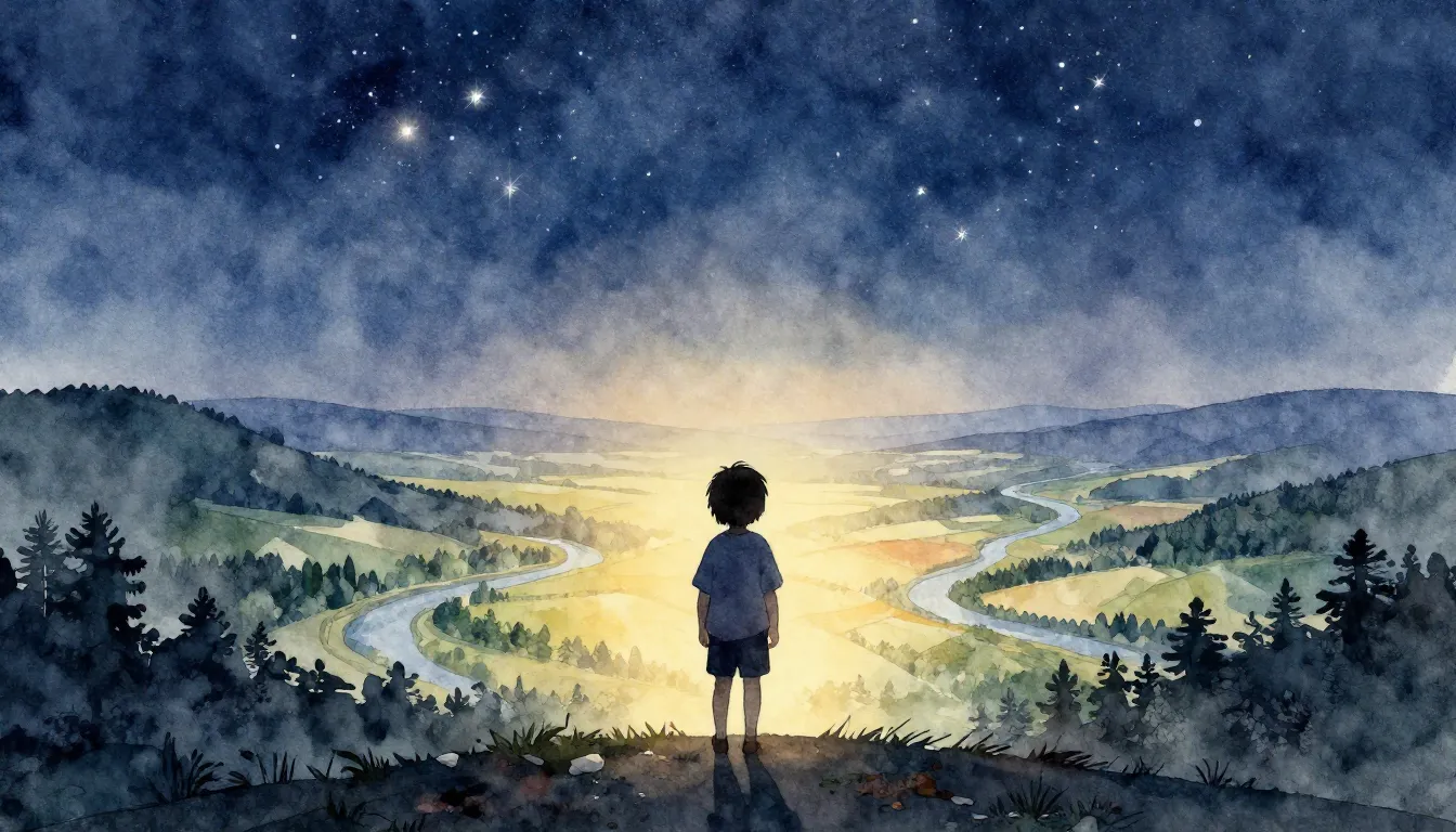 Watercolor style. A silhouette of a child standing on a hill...