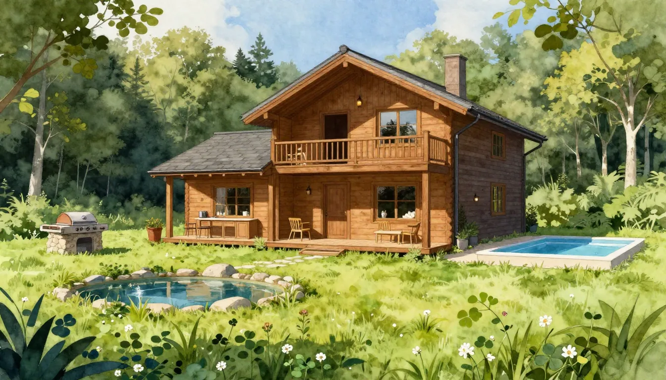 Watercolor style. Cozy two-story wooden house, 12-acre green...