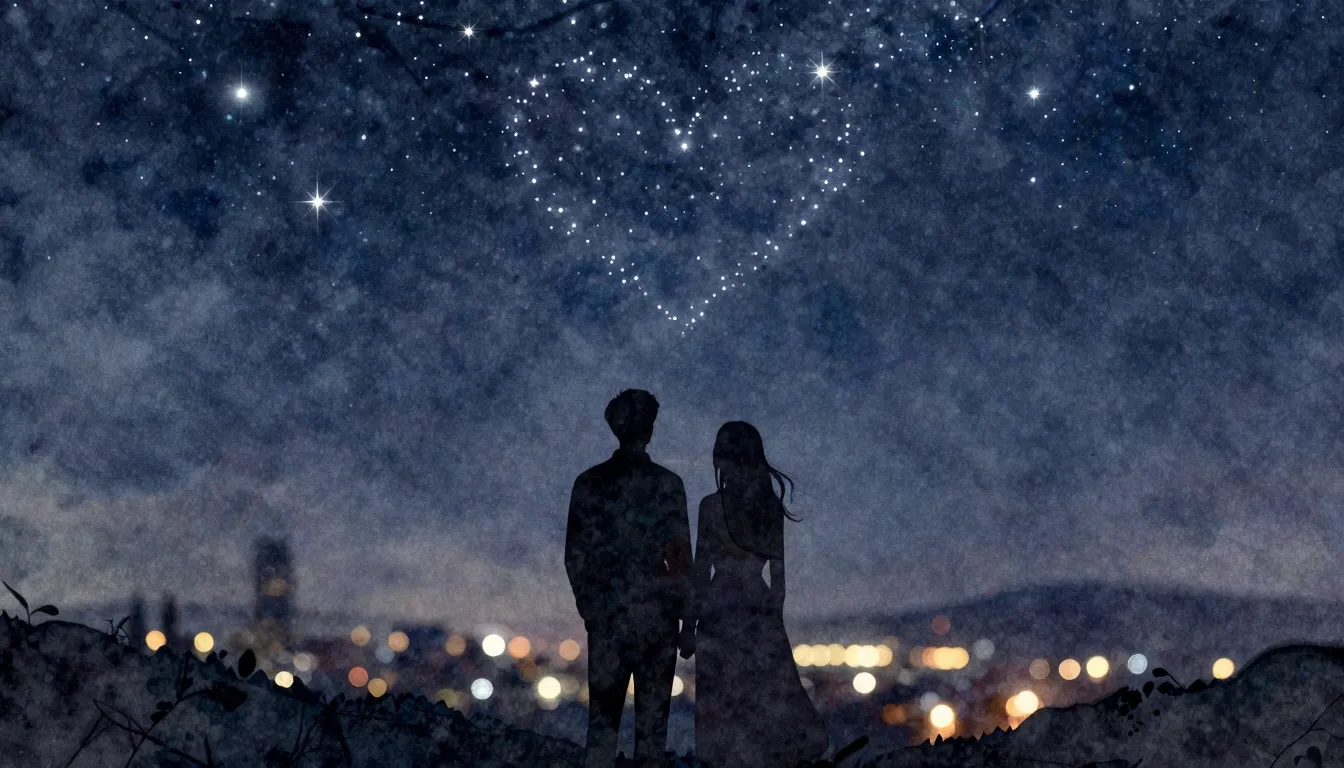 Watercolor style. A silhouette of a couple standing close, l...
