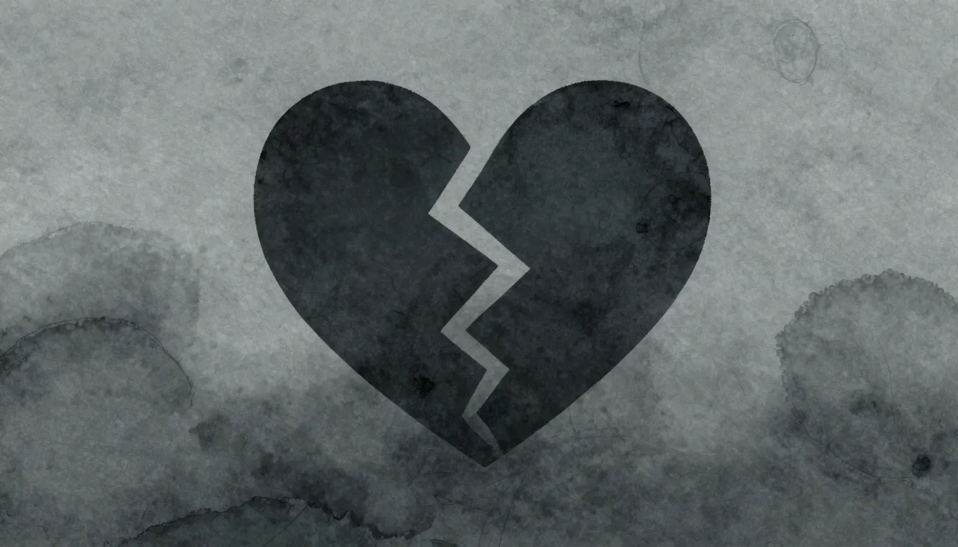 Watercolor style. A dark silhouette of a broken heart on a g...