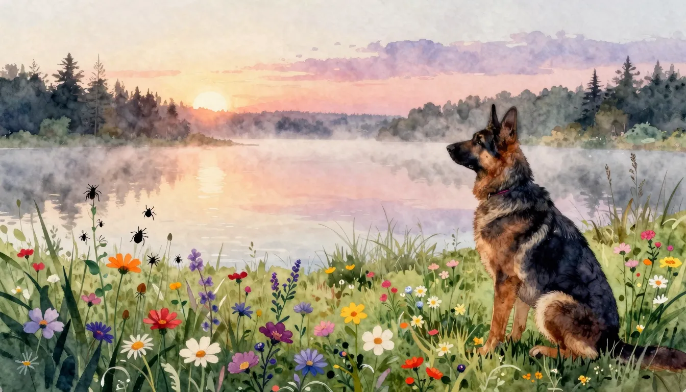 Watercolor style. Early morning landscape, a vast lake with ...