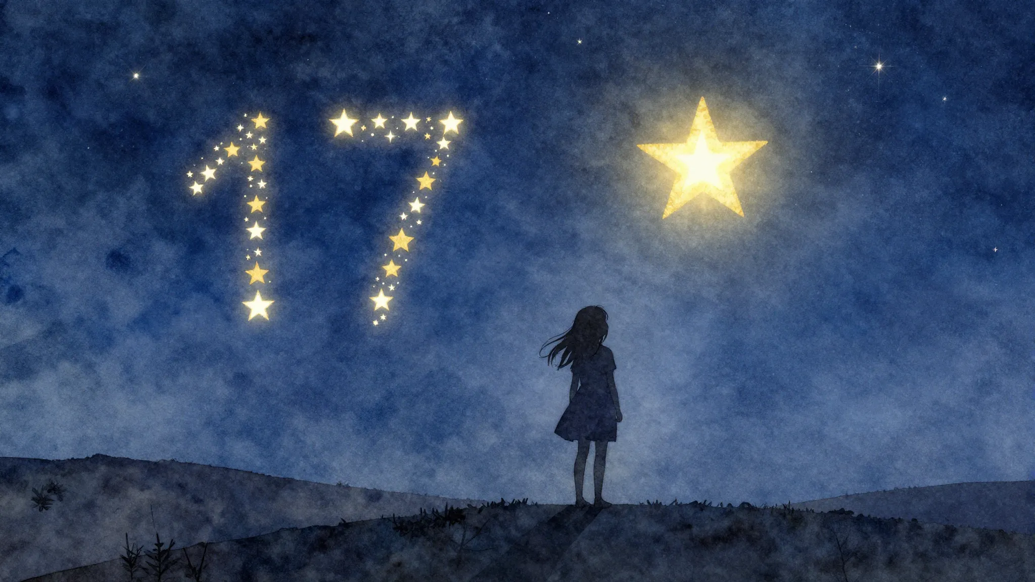 Watercolor style. A silhouette of a young girl standing on a...