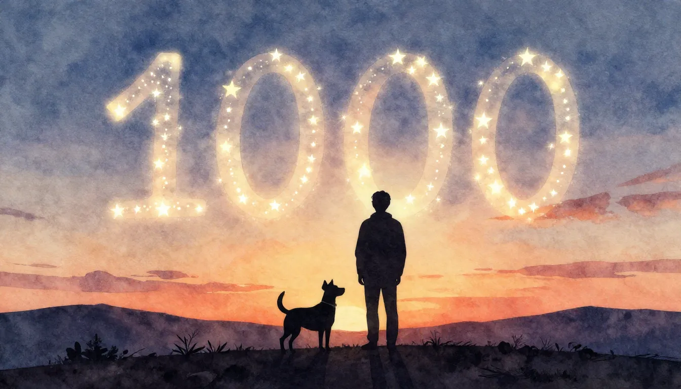 Watercolor style. A silhouette of a person and a dog standin...