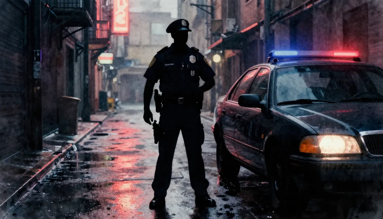 Watercolor style. Cinematic silhouette of a patrol officer s...