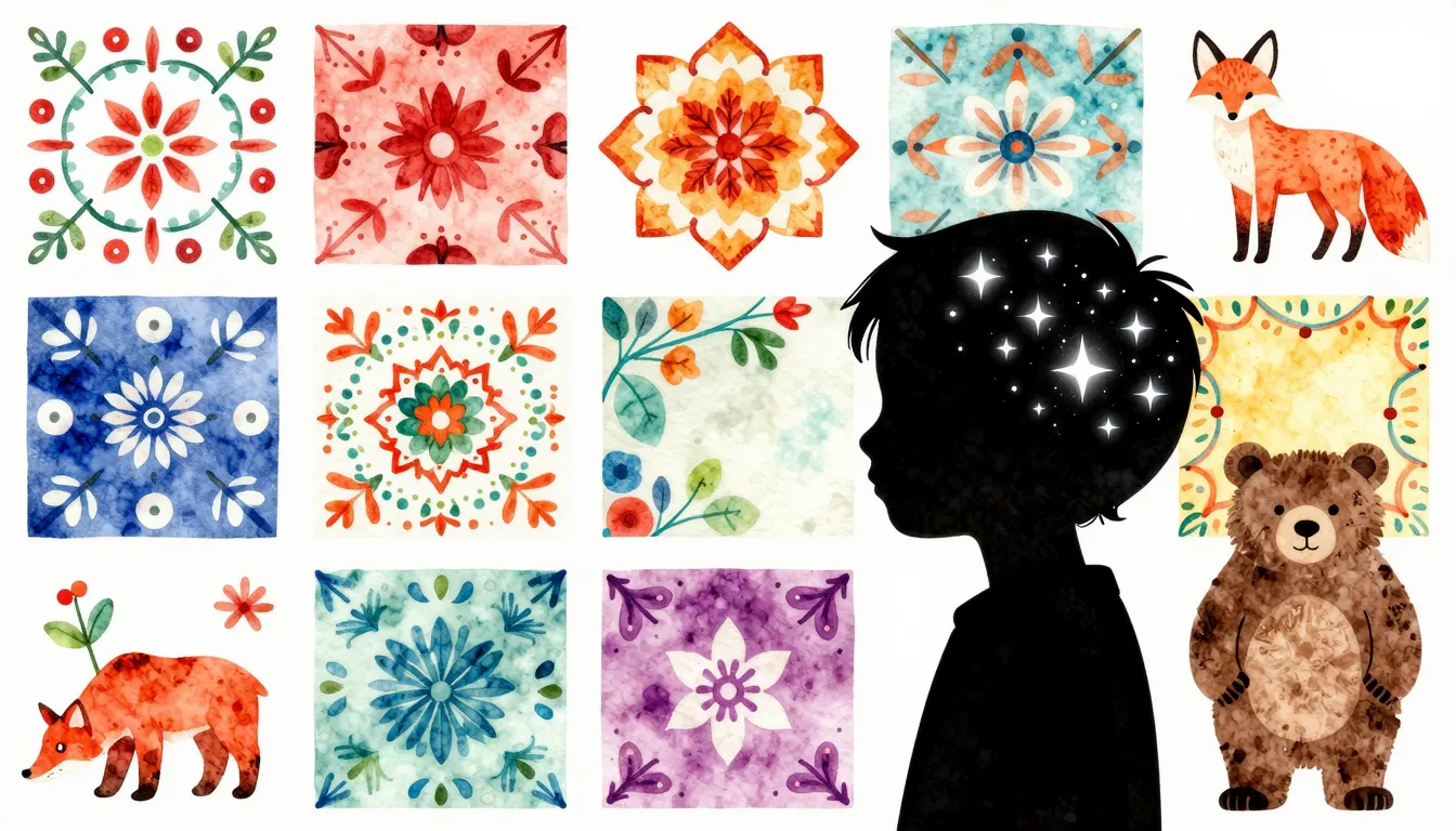 Watercolor style. A colorful collage of folk patterns from d...