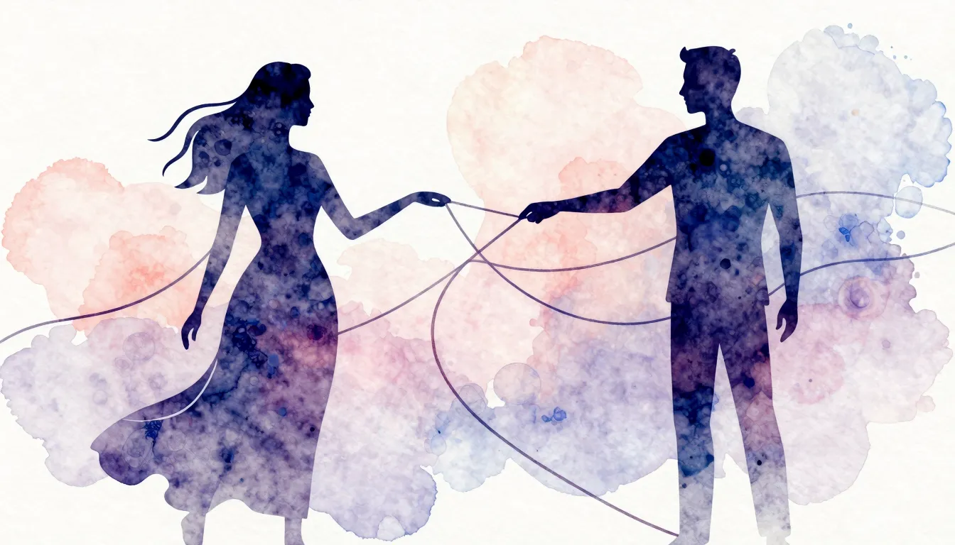 Watercolor style. Two stylized female silhouettes and one ma...