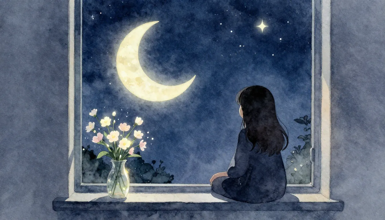 Watercolor style. A cozy night scene with a crescent moon an...