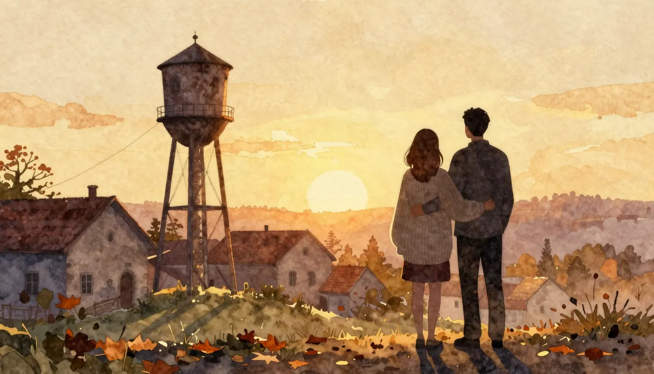 Watercolor style. A silhouette of a couple sharing one large...