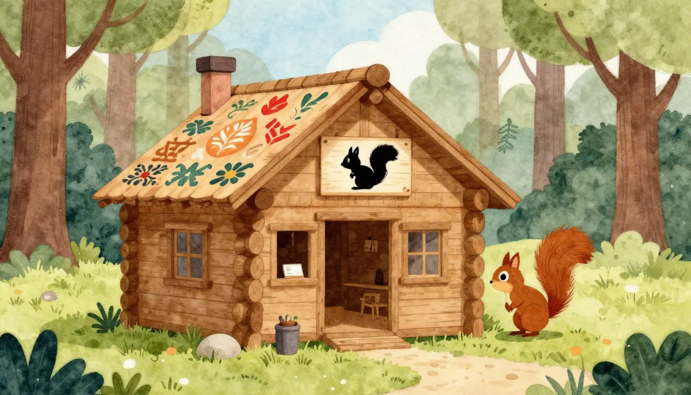 Watercolor style. Cozy wooden kindergarten in a forest, squi...