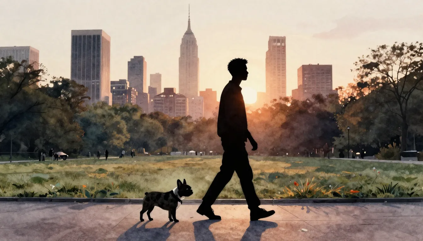 Watercolor style. A silhouette of a man with a French Bulldo...