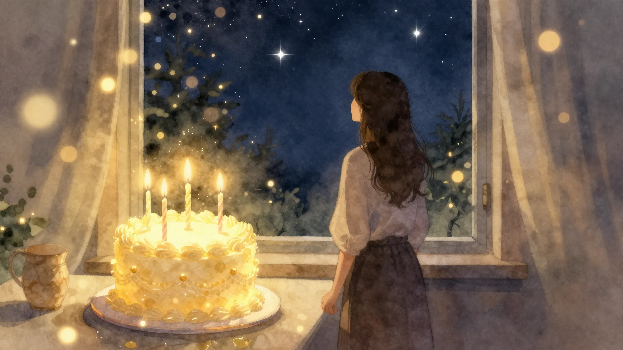 Watercolor style. A cozy festive scene with a glowing birthd...