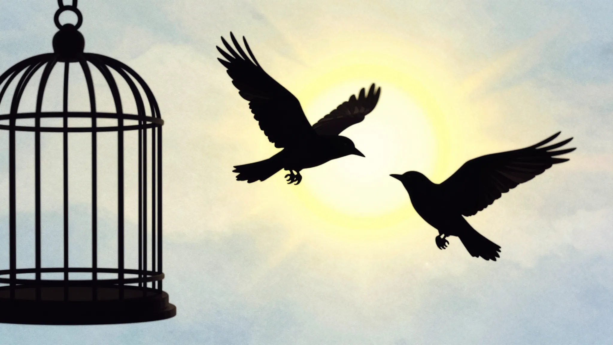 Watercolor style. A dark silhouette of a bird flying out of ...