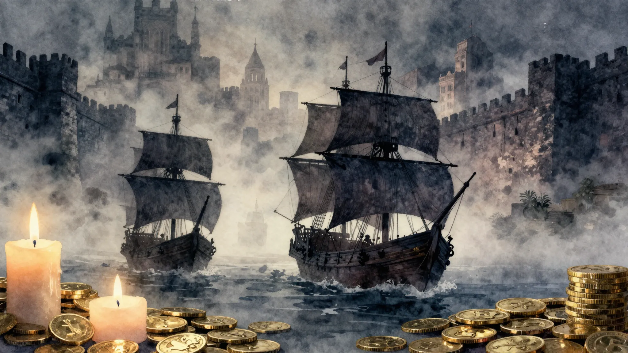 Watercolor style. Dark silhouettes of ancient ships approach...