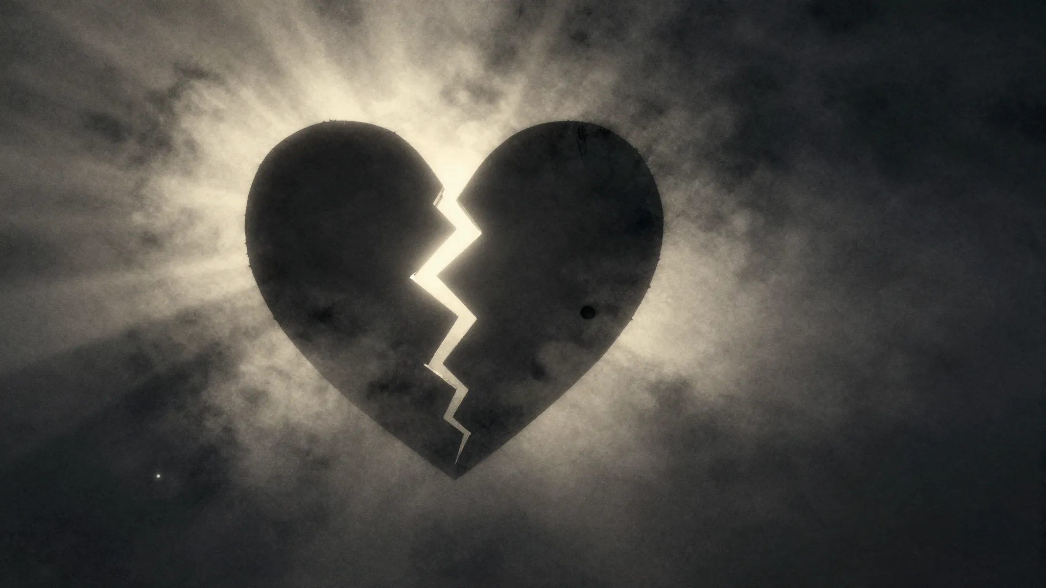 Watercolor style. Silhouette of a broken heart glowing in th...