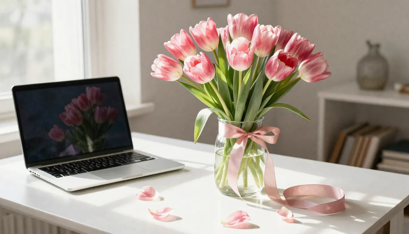 Watercolor style. A cozy workspace with a laptop and a beaut...