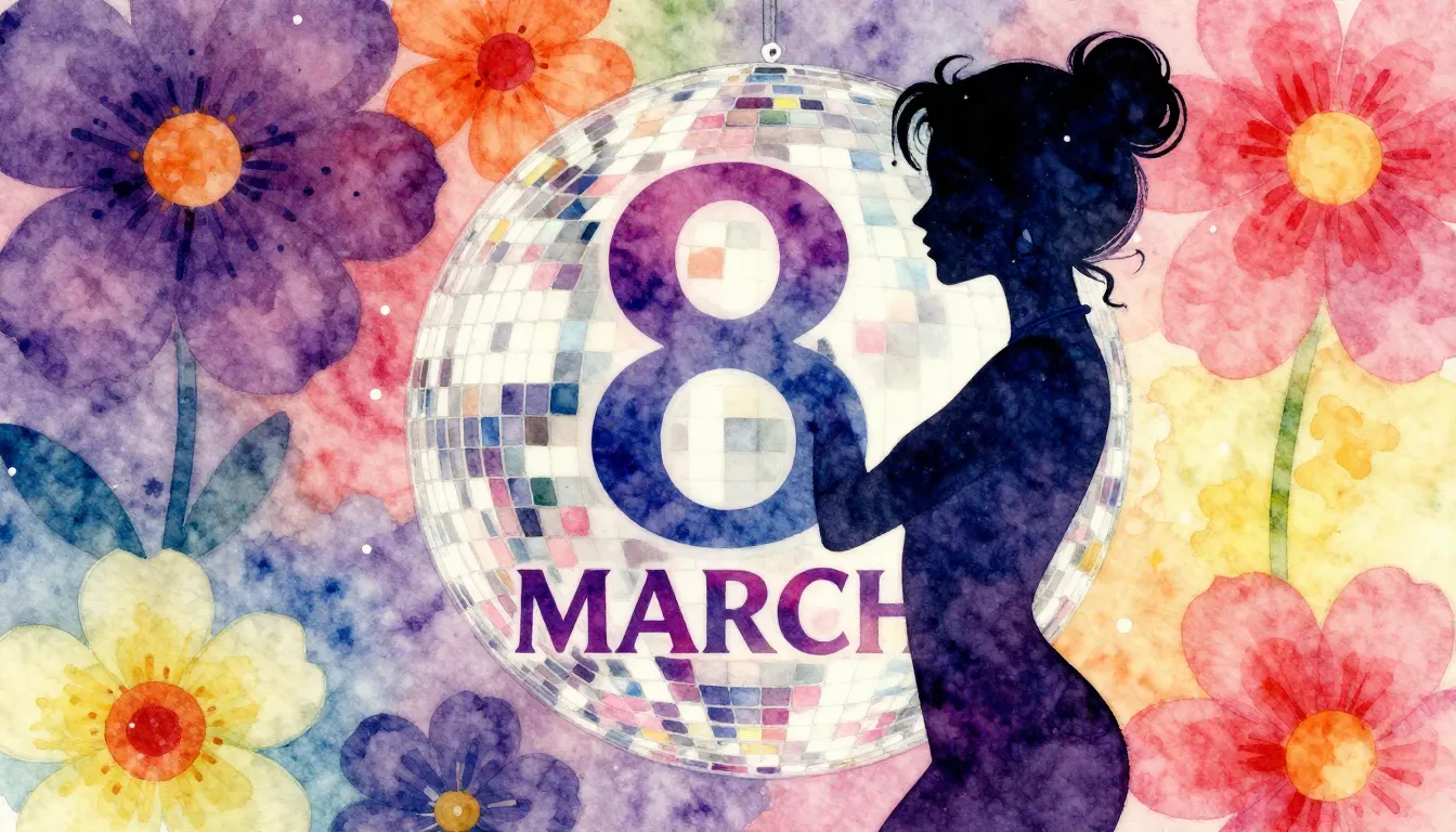 Vibrant watercolor style. Disco album cover, 8 March, flower...