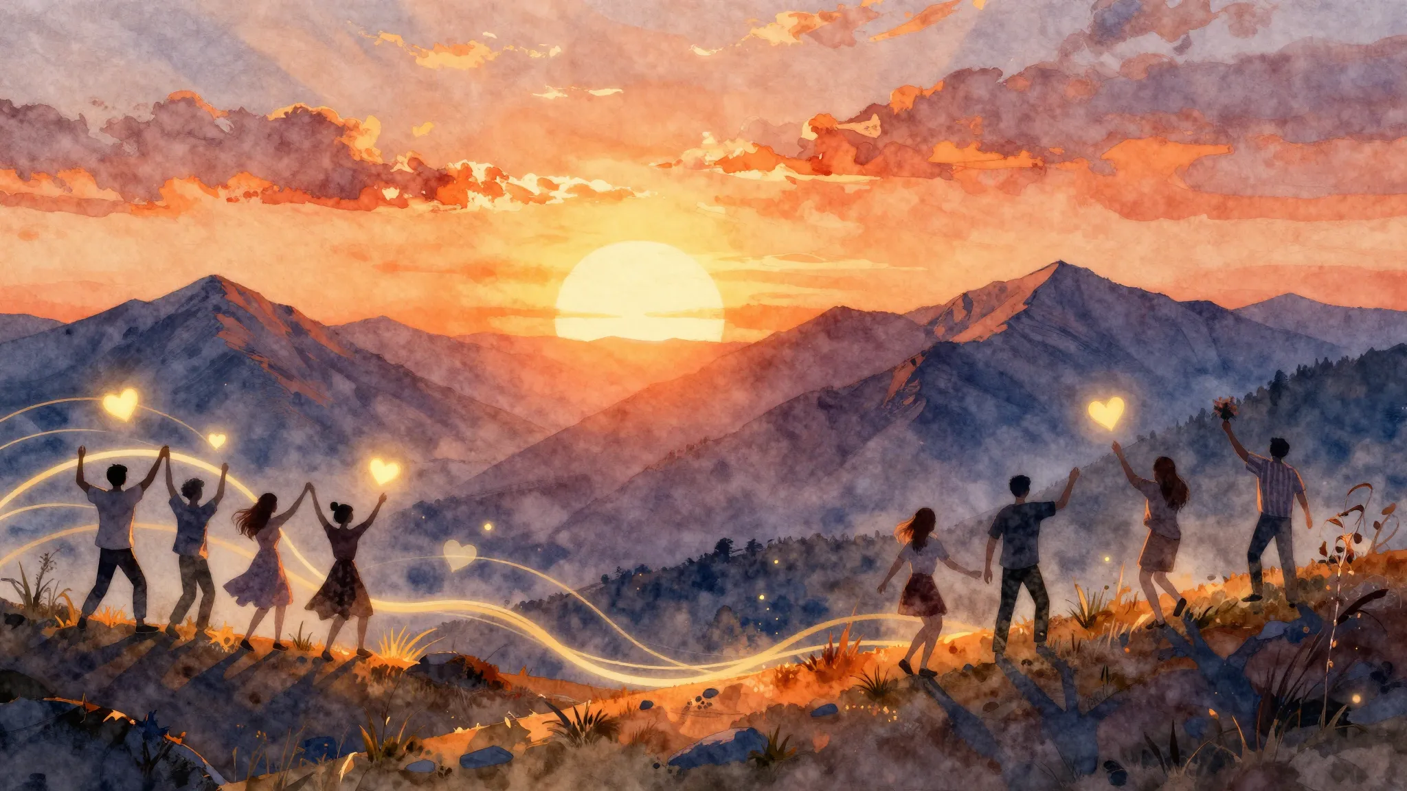 Watercolor style. A vibrant abstract sunset over the Ural mo...