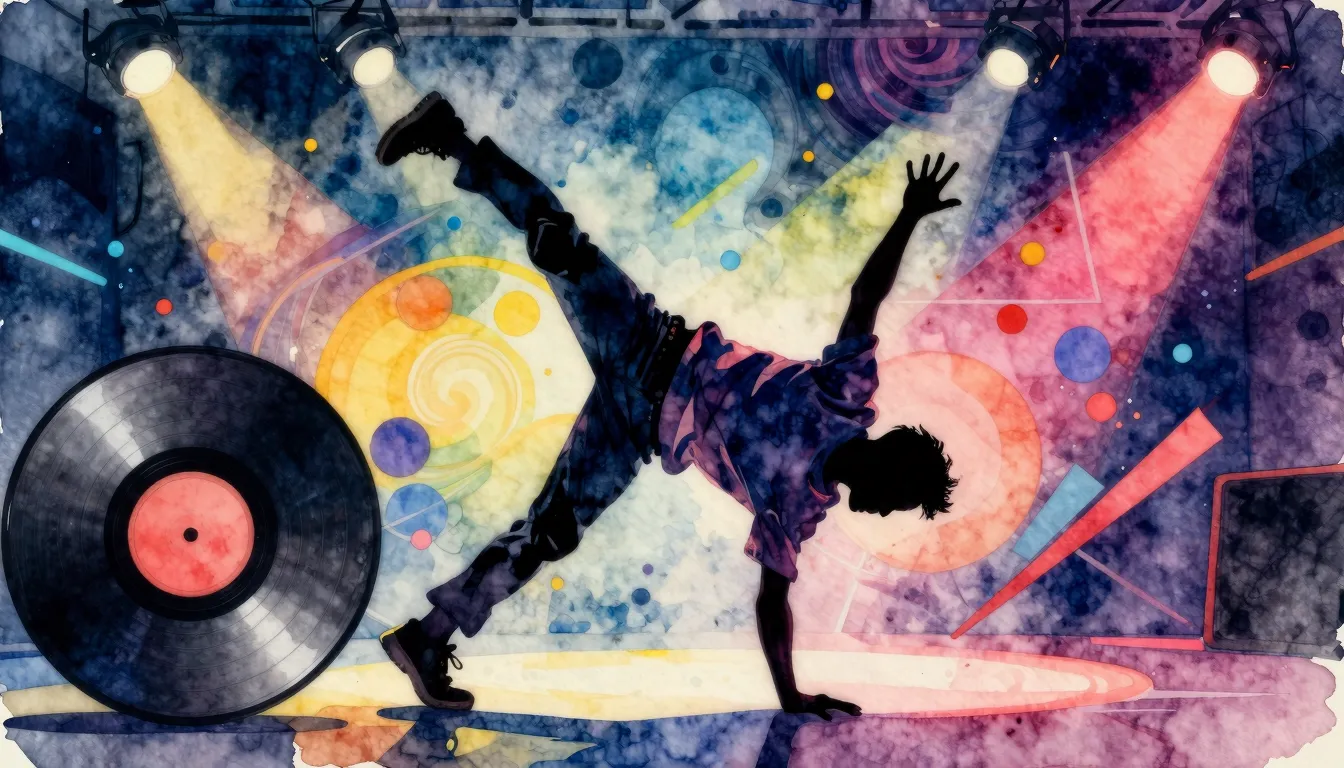 Watercolor style. A silhouette of a breakdancer in a dynamic...