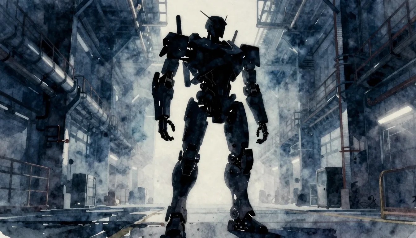 Watercolor style. A dark silhouette of a mechanical figure s...