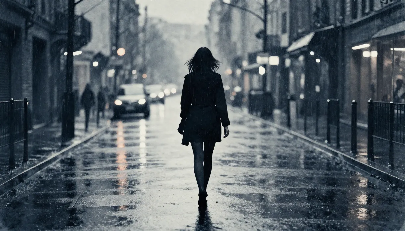 Watercolor style. A silhouette of a woman walking away into ...