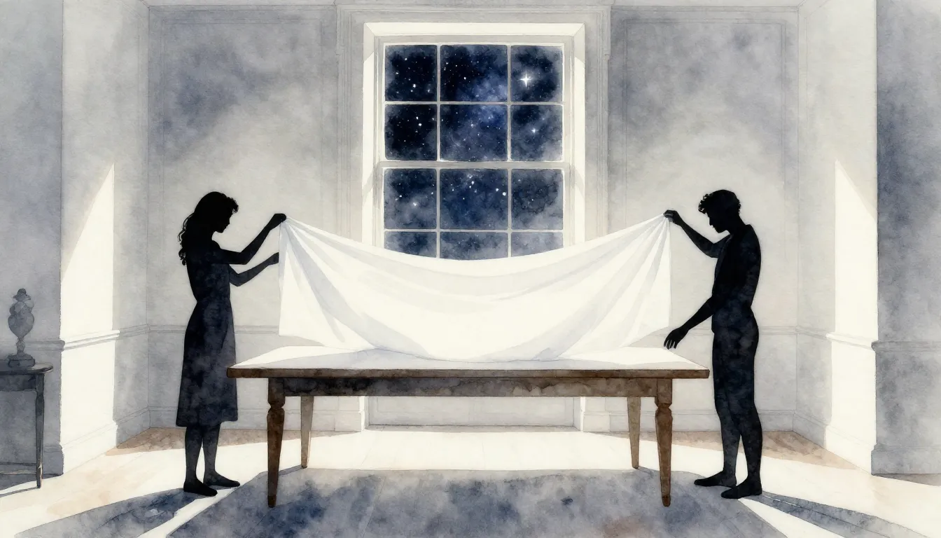 Watercolor style. Two silhouettes spreading a white cloth ov...
